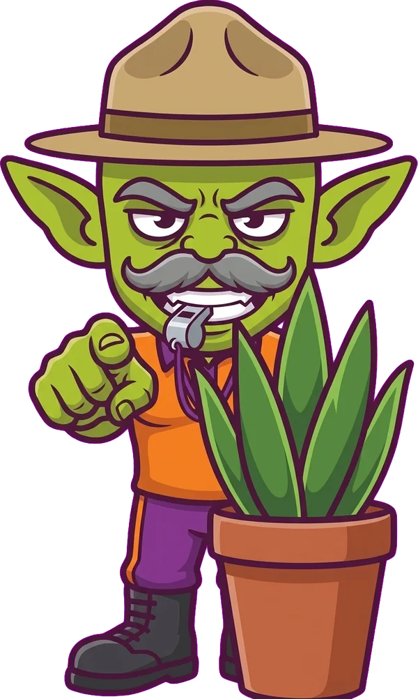 Gutz peeks out from behind a potted plant, pointing right at you