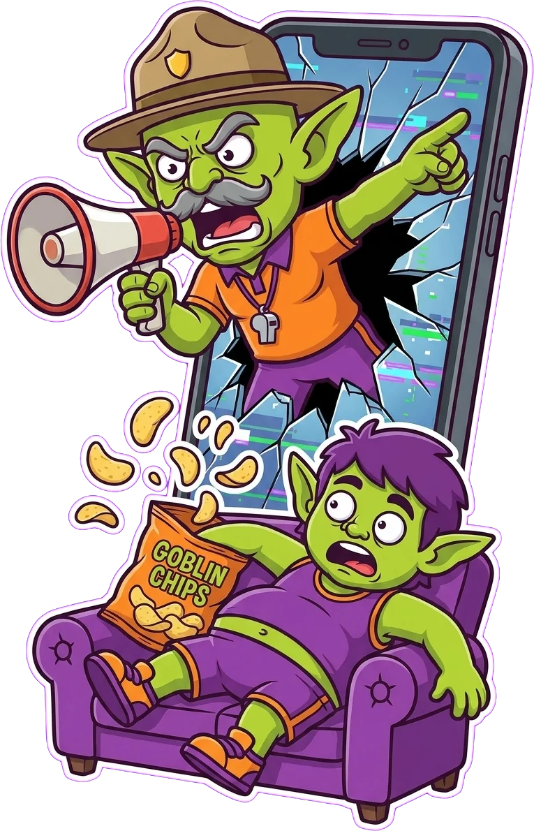 Gutz, a goblin drill sergeant, bursts out of a phone screen yelling through a megaphone at a goblin on the couch, whose chips go flying