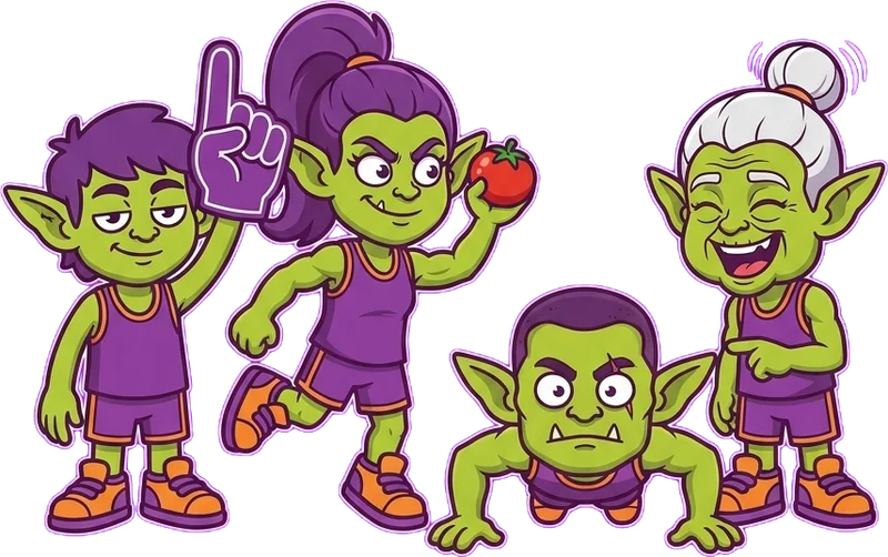 Four goblins cheering and heckling: one with a foam finger, one throwing a tomato, one doing a pushup and a laughing grandma goblin