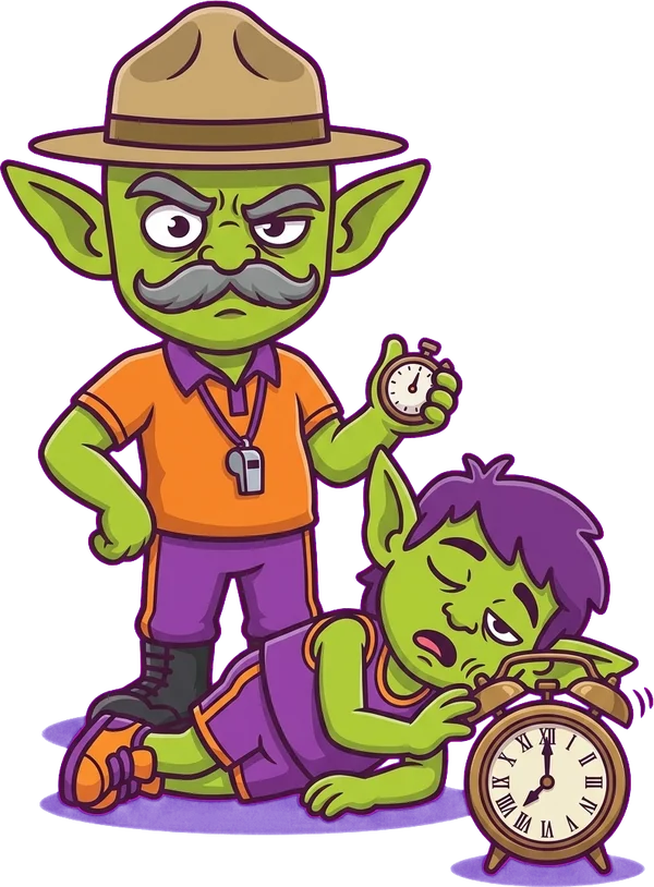 Gutz, arms crossed with a stopwatch, glares down at a goblin face-down on the floor slapping a snooze button