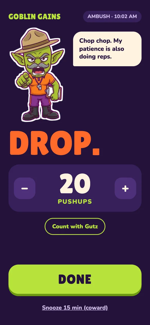 The drill screen: Gutz points at you above a big DROP. 20 pushups, with a DONE button