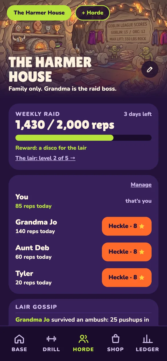 A Horde screen: The Harmer House, a weekly raid at 1,430 of 2,000 reps and a list of members with Heckle buttons