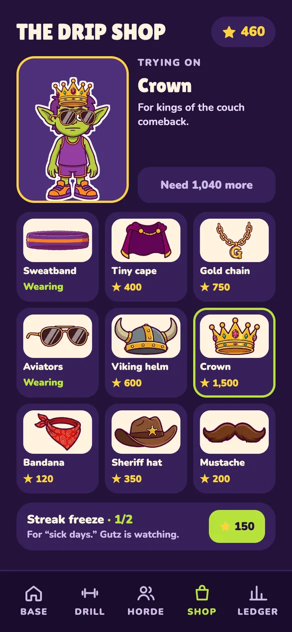The Drip Shop: a goblin trying on a crown, with sweatbands, capes, gold chains, helmets and hats for sale