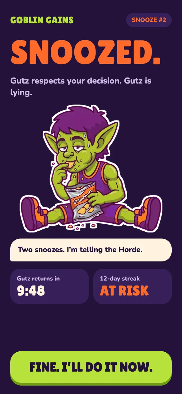 The snoozed screen: SNOOZED. with a countdown until Gutz returns and a streak at risk